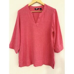 Lands End Womens Blouse 3/4 Sleeve Linen Blend Pockets Pink Sz S